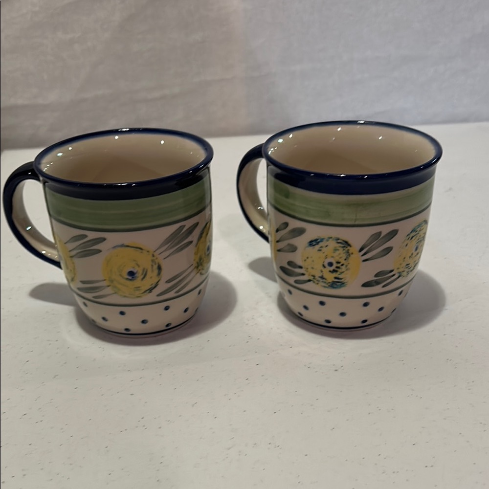 - Polish Pottery Limon Swirl Mugs. Set of 2. Green Blue Yellow.